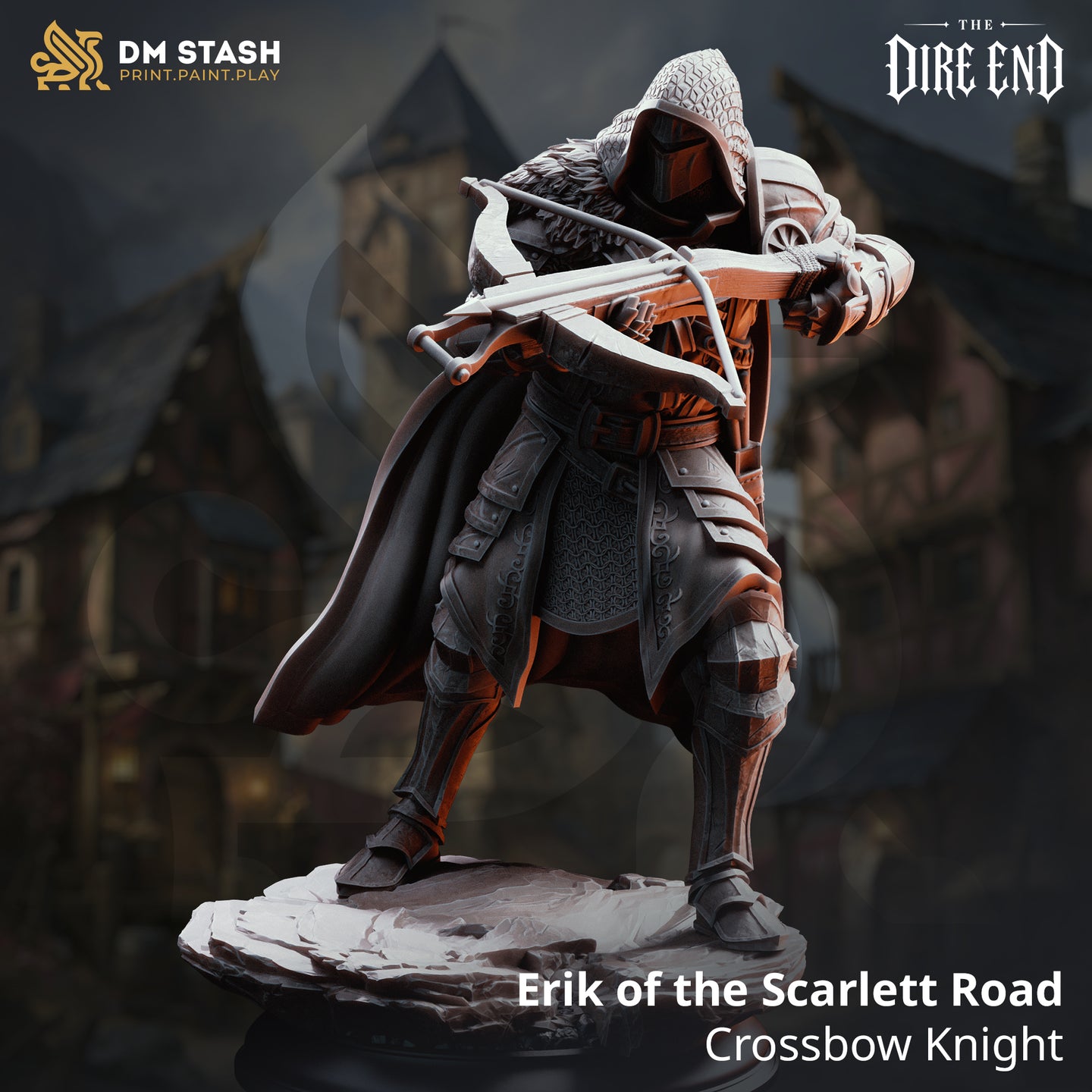 Hooded armoured figure leaning forward with a heavy crossbow raised, wearing studded and plate armour with a sweeping cloak. Detailed cracked stonework base on a black display plinth. Sculpt by DM Stash.