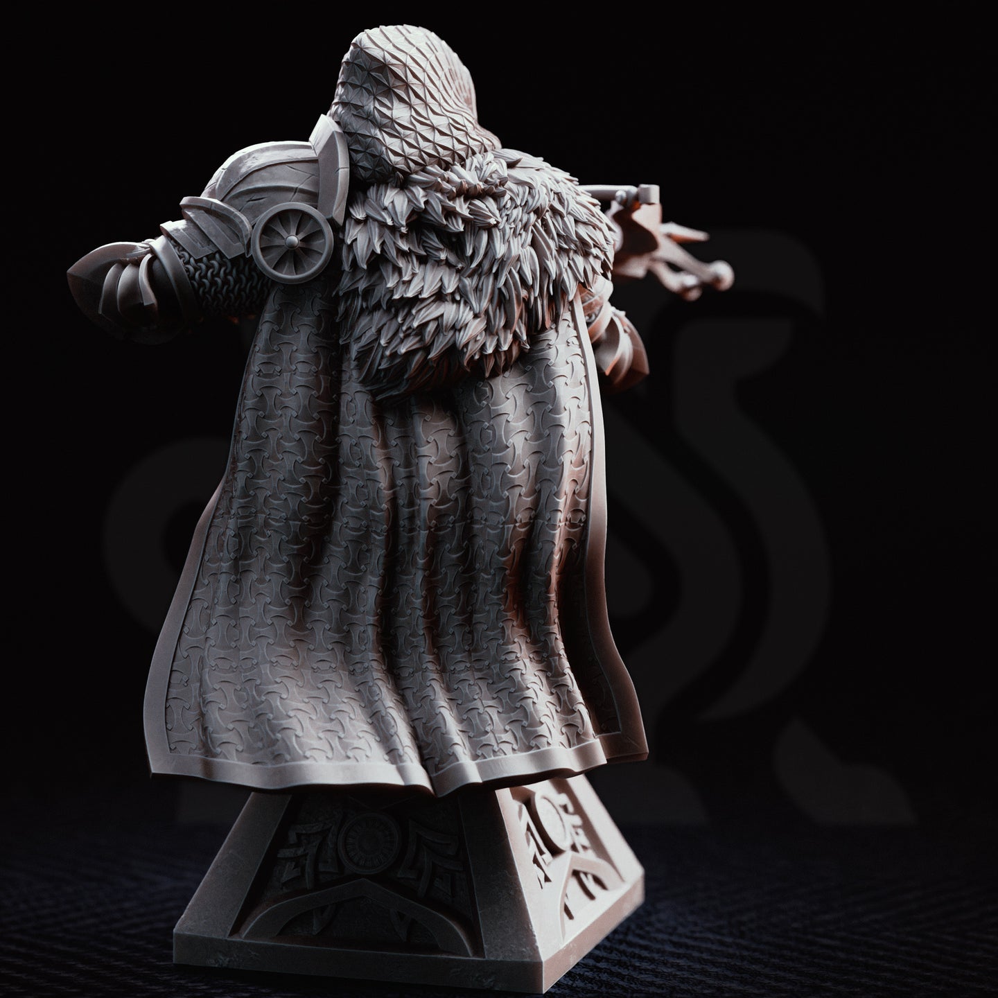 Hooded crossbow knight bust, raised crossbow aimed forward, chainmail coif and armoured helm, fur-trimmed cloak, ornate plinth base with cross motif. Sculpt by DM Stash.