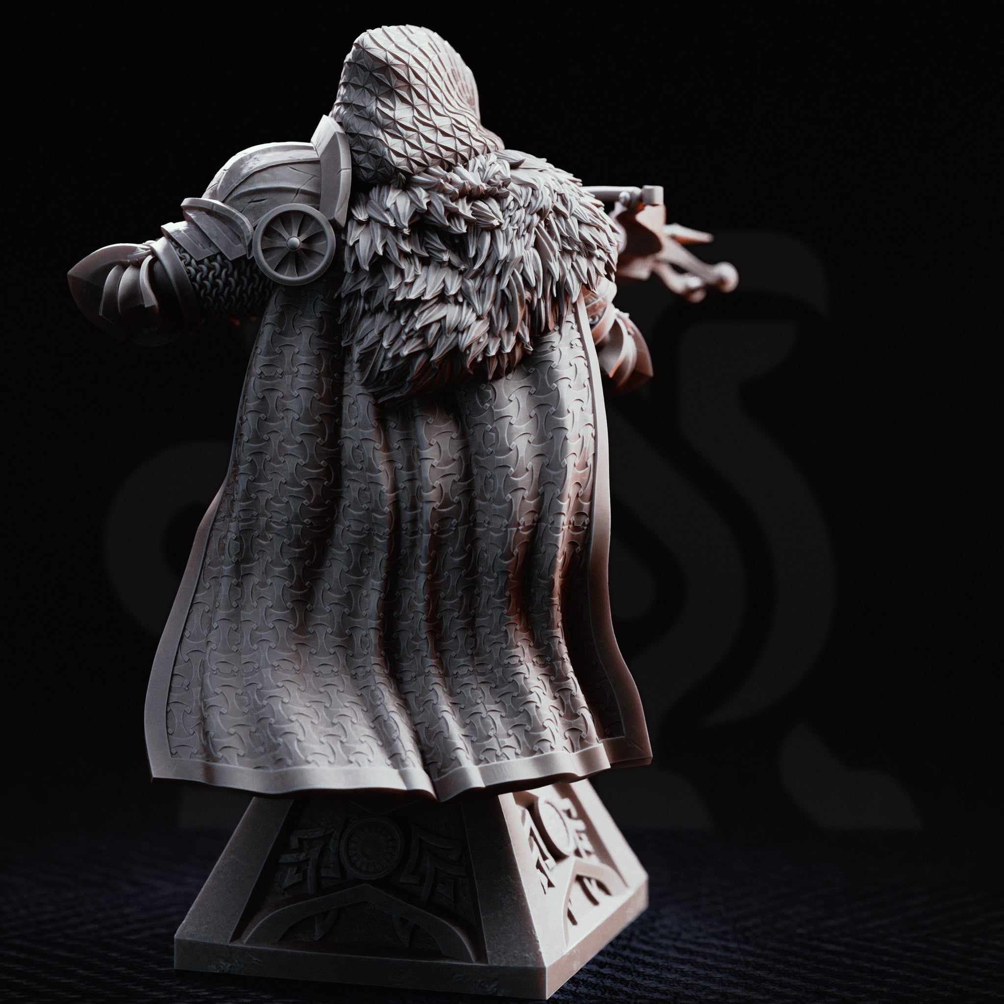 Hooded crossbow knight bust, raised crossbow aimed forward, chainmail coif and armoured helm, fur-trimmed cloak, ornate plinth base with cross motif. Sculpt by DM Stash.