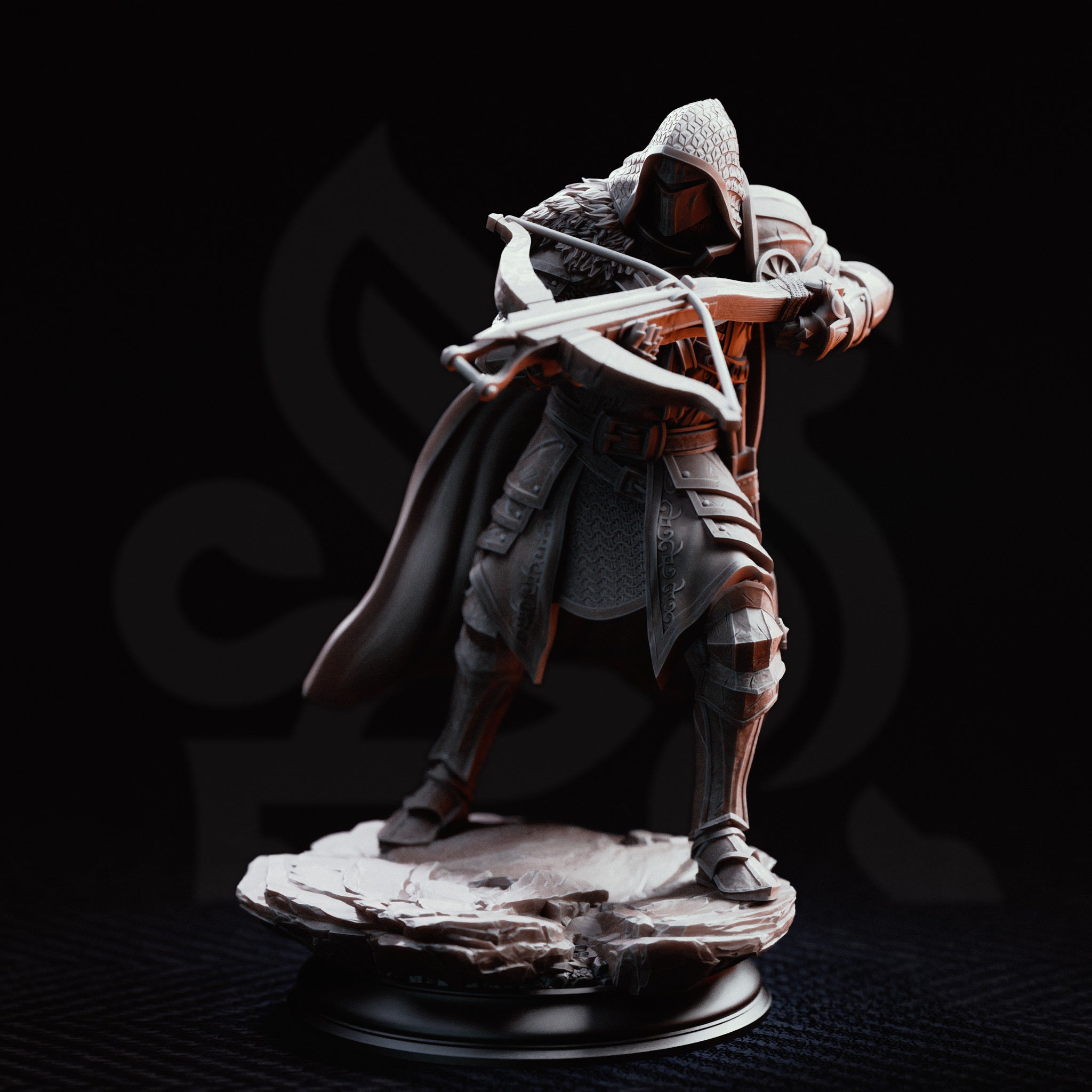 Crossbow knight in a low crouch behind a large riveted wooden pavise shield, crossbow levelled, chainmail hood drawn low over a masked face. Stone rubble base. Sculpt by DM Stash.