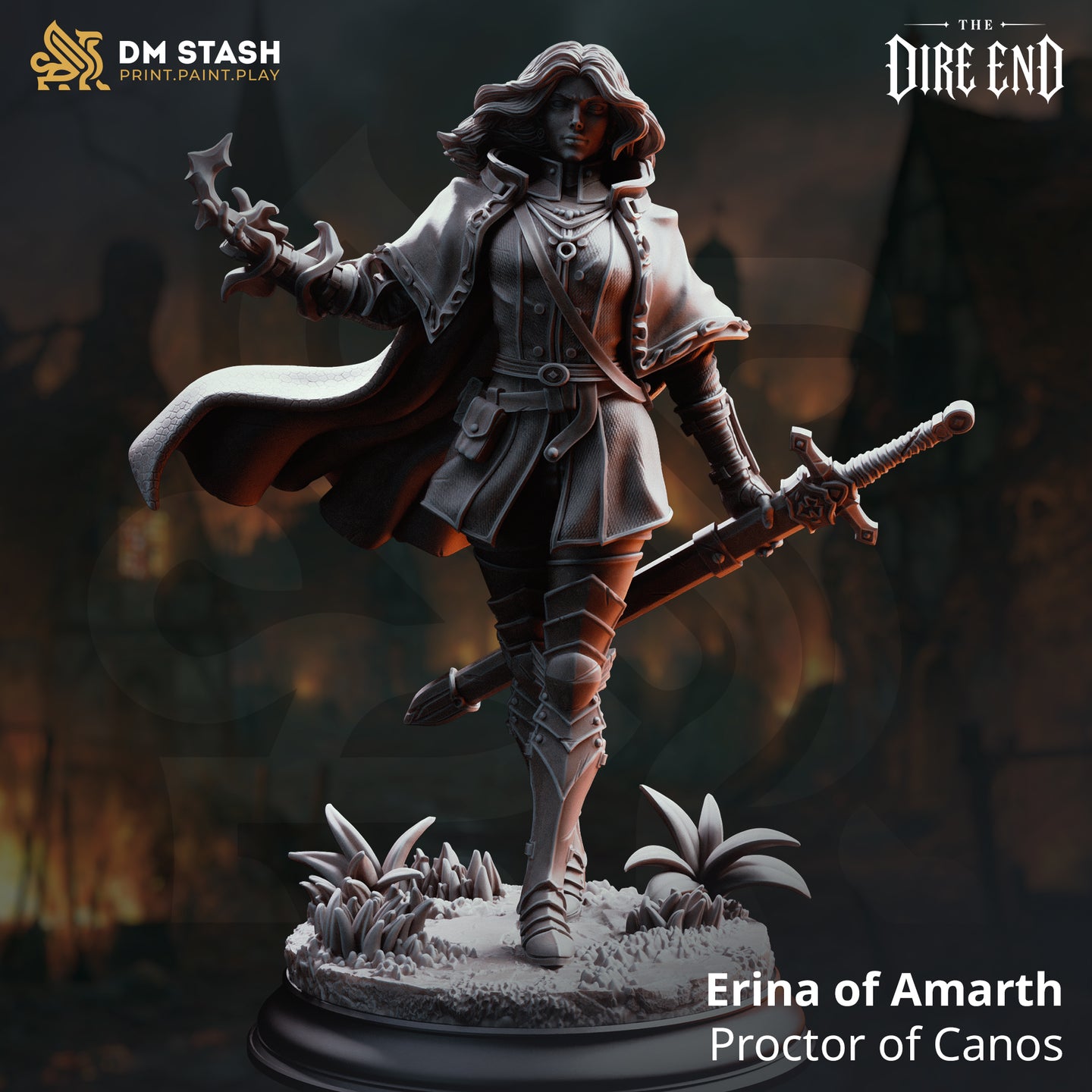 Rear view of Erina of Amarth showing a billowing patterned cloak, both swords visible at low angles, and wind-swept hair. The decorated cape hem and armoured gauntlets are clearly visible. Sculpt by DM Stash.