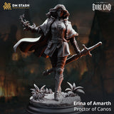 Rear view of Erina of Amarth showing a billowing patterned cloak, both swords visible at low angles, and wind-swept hair. The decorated cape hem and armoured gauntlets are clearly visible. Sculpt by DM Stash.