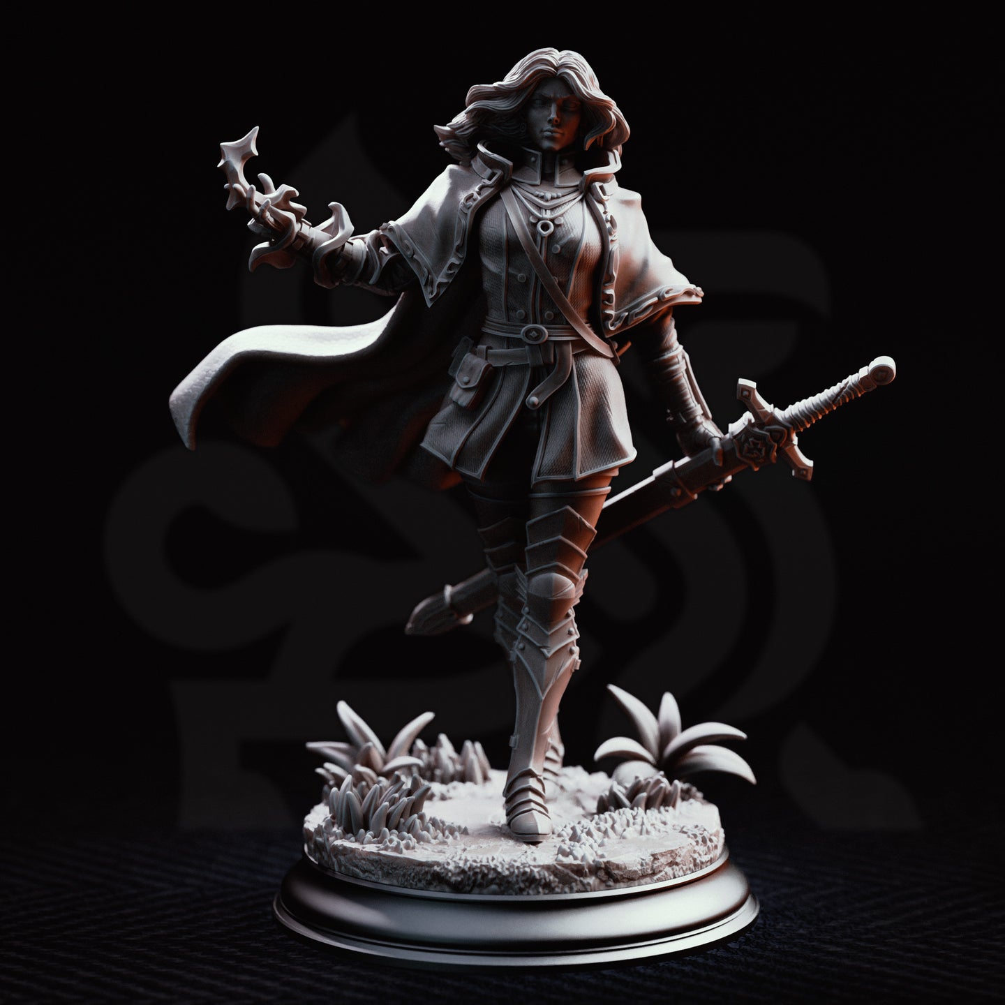 Erina of Amarth mid-stride, longsword carried low in her left hand and right arm extended with a clawed magical focus. Hair swept back, longcoat over buckled armour. Scenic base with grass tufts and crystal shards. Sculpt by DM Stash.