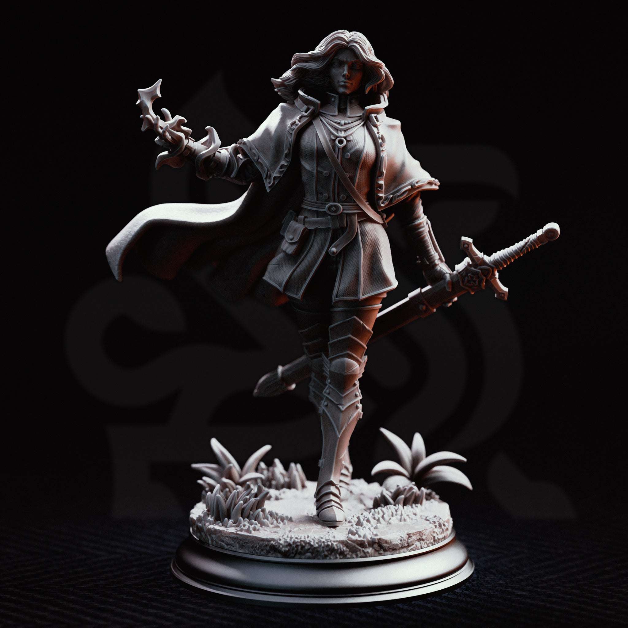Erina of Amarth mid-stride, longsword carried low in her left hand and right arm extended with a clawed magical focus. Hair swept back, longcoat over buckled armour. Scenic base with grass tufts and crystal shards. Sculpt by DM Stash.