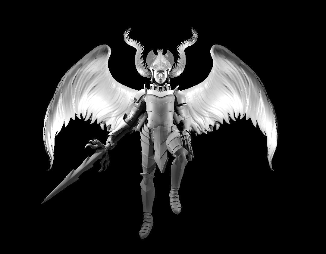 Digital render of an unpainted Erinyes miniature at 32mm scale — a female armoured devil with broad feathered wings fully spread, wearing segmented plate armour with a winged horned helm, gripping a long tapered spear in a clawed gauntlet, shown from the front against a black background