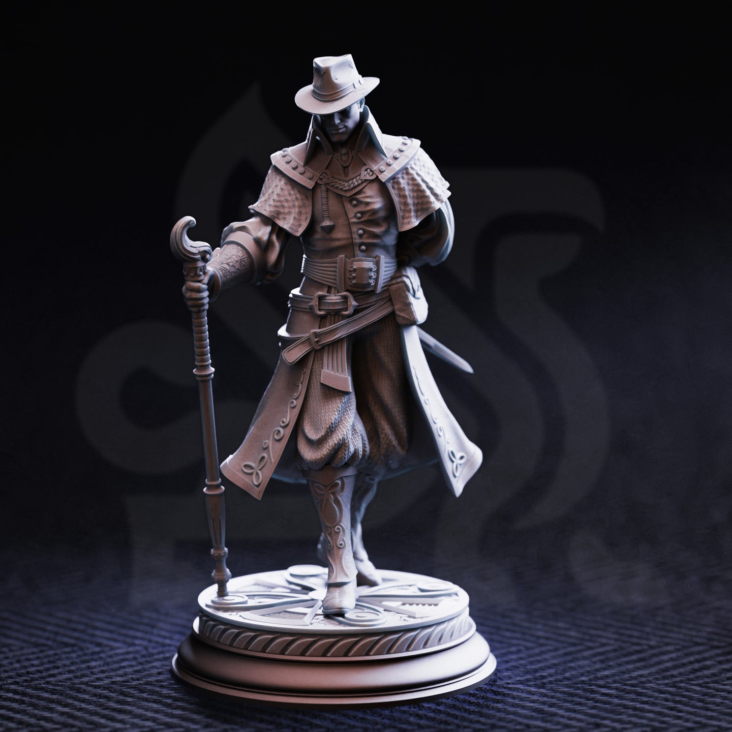 Front view of unpainted grey resin Ernest 'Flip-Flop' Dodd miniature on a decorative circular base. Clearly visible are his broad-brimmed hat, layered capelet with stud detailing, belted coat with scrollwork embroidery, ornate hooked staff, and tattooed forearm. Figure is mid-stride in a purposeful walking pose.