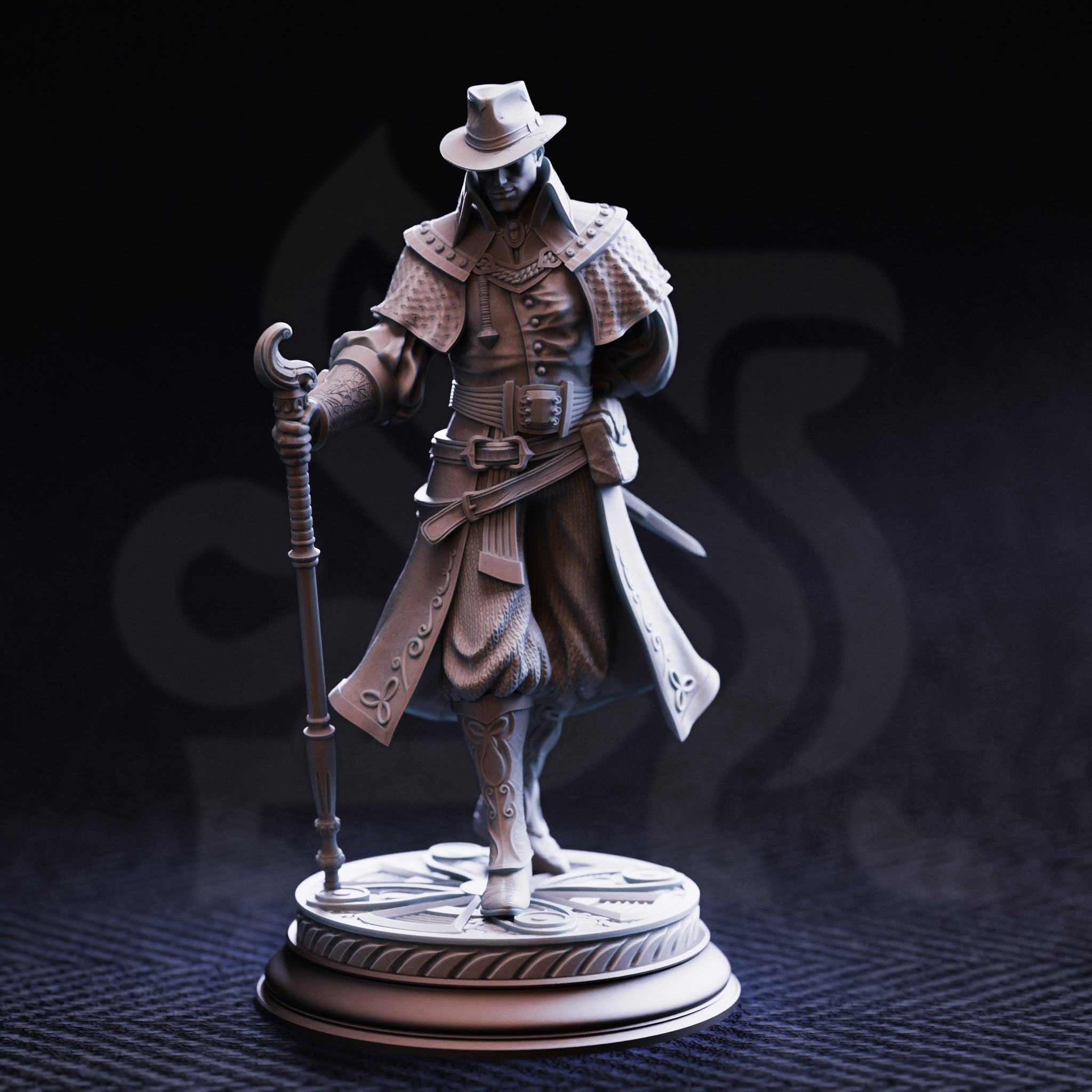 Front view of unpainted grey resin Ernest 'Flip-Flop' Dodd miniature on a decorative circular base. Clearly visible are his broad-brimmed hat, layered capelet with stud detailing, belted coat with scrollwork embroidery, ornate hooked staff, and tattooed forearm. Figure is mid-stride in a purposeful walking pose.
