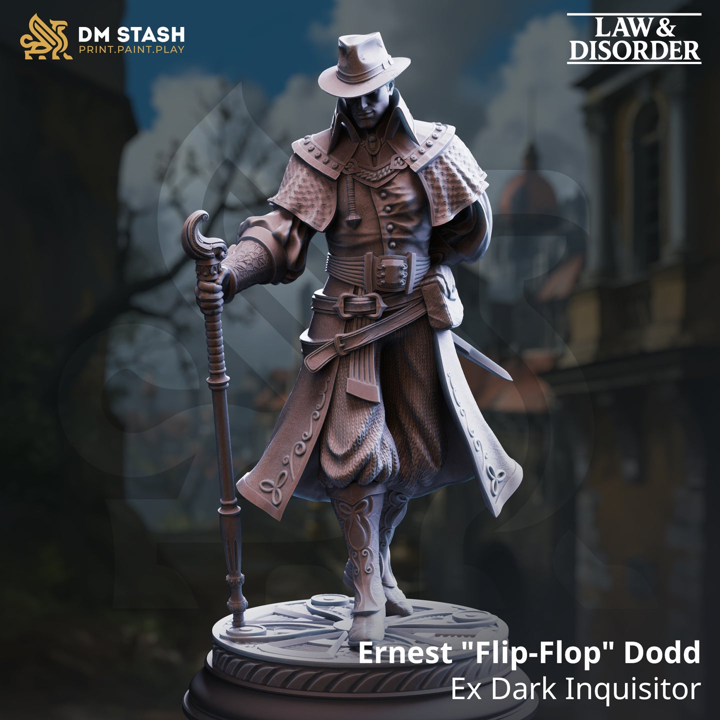 Digital render of Ernest 'Flip-Flop' Dodd Ex Dark Inquisitor miniature from DM Stash's Law and Disorder collection — unpainted grey resin, shown in three-quarter front view. The figure wears a wide-brimmed hat, a studded quilted capelet, a long embroidered coat with filigree scrollwork, and carries a twisted ornate staff in one hand with a short blade at his hip.