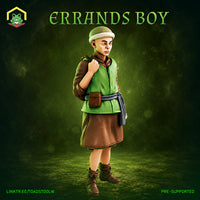 Young male figure standing upright, carrying a satchel over one shoulder. Wears a green vest, brown tunic, belted pouch, and a soft-brimmed cap. Alert expression. Sculpt by The Toadstool Weaver.