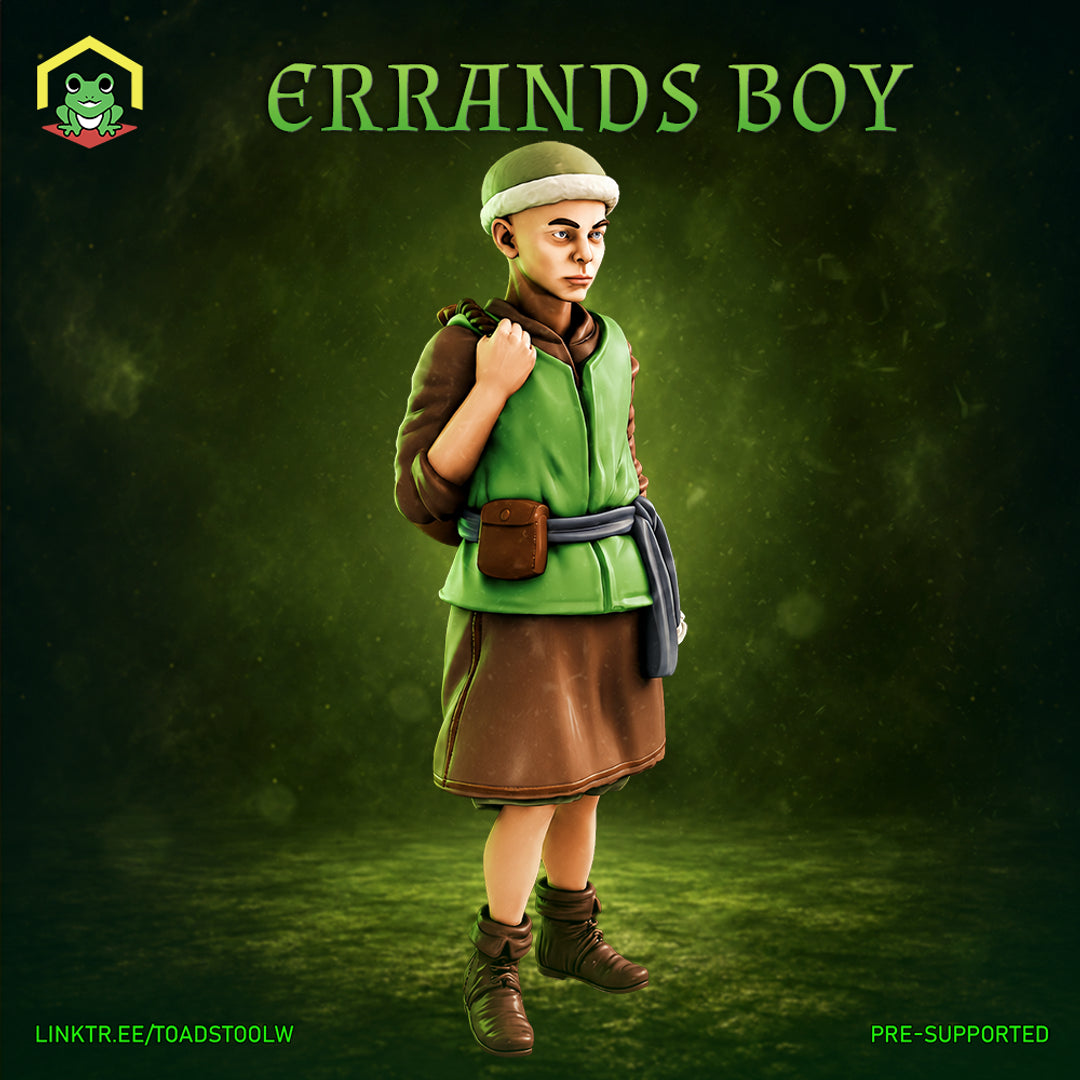 Young male figure standing upright, carrying a satchel over one shoulder. Wears a green vest, brown tunic, belted pouch, and a soft-brimmed cap. Alert expression. Sculpt by The Toadstool Weaver.
