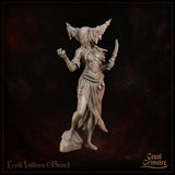 Eryth Veilhorn by Great Grimoire — horned female figure in a three-quarter pose, raising one clawed hand while holding a dagger in the other, wearing a skull-adorned skirt and towering spiked headdress.