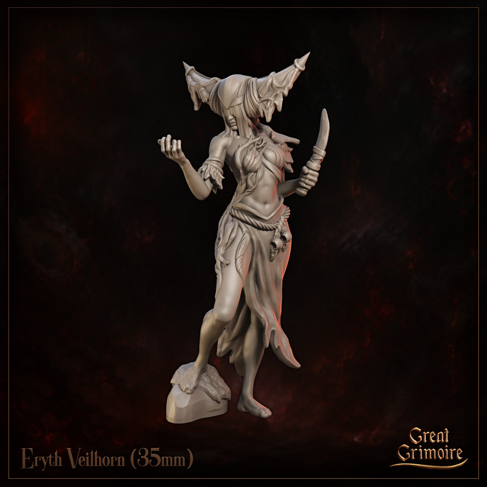 Eryth Veilhorn by Great Grimoire — horned female figure in a three-quarter pose, raising one clawed hand while holding a dagger in the other, wearing a skull-adorned skirt and towering spiked headdress.