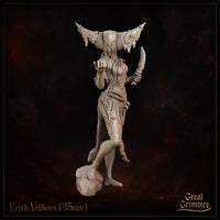 Eryth Veilhorn by Great Grimoire — frontal view showing the wide curved horns of the headdress, long flowing hair, one hand outstretched with fingers curled, dagger raised in the opposite hand, skulls hanging at the belt.
