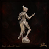 Eryth Veilhorn by Great Grimoire — rear view revealing layered feather and cloth detailing across the shoulders and skirt, rope belt, flowing hair, and the asymmetric silhouette of the horned headdress from behind.
