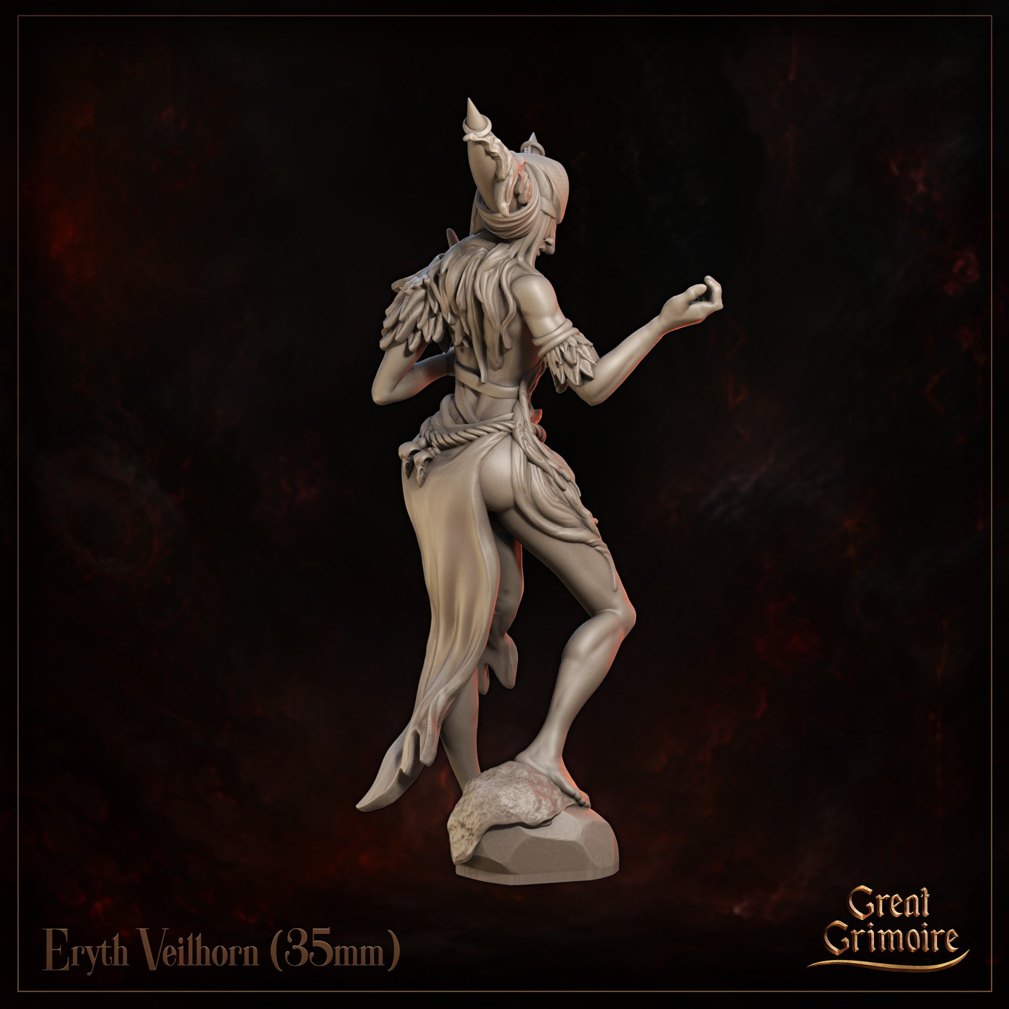 Eryth Veilhorn by Great Grimoire — rear view revealing layered feather and cloth detailing across the shoulders and skirt, rope belt, flowing hair, and the asymmetric silhouette of the horned headdress from behind.