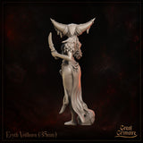 Eryth Veilhorn by Great Grimoire — close detail render showing the sculpt's layered cloth skirt, feather shoulder wraps, skull ornaments at the hip, and the organic dripping detail of the spiked headdress.