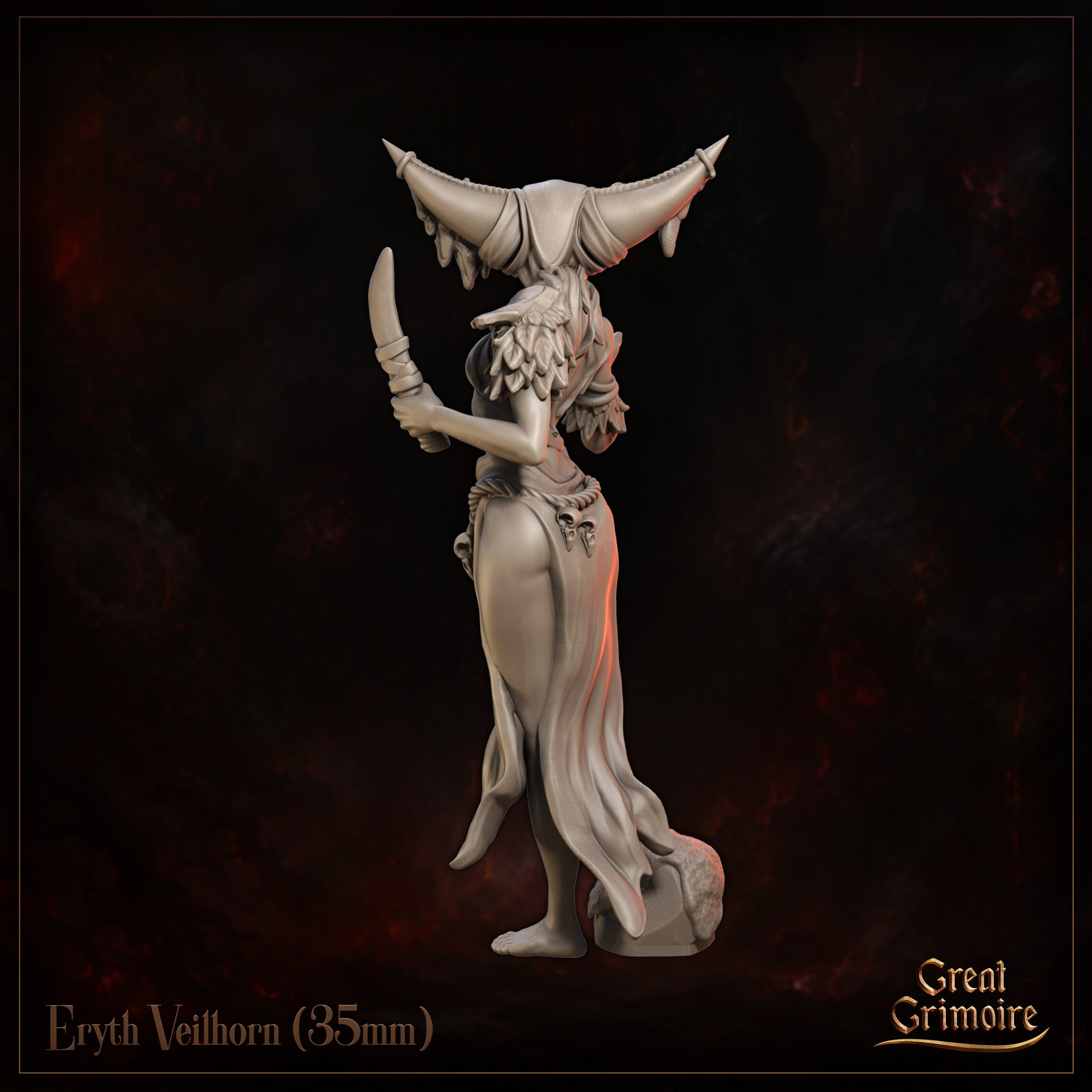 Eryth Veilhorn by Great Grimoire — close detail render showing the sculpt's layered cloth skirt, feather shoulder wraps, skull ornaments at the hip, and the organic dripping detail of the spiked headdress.