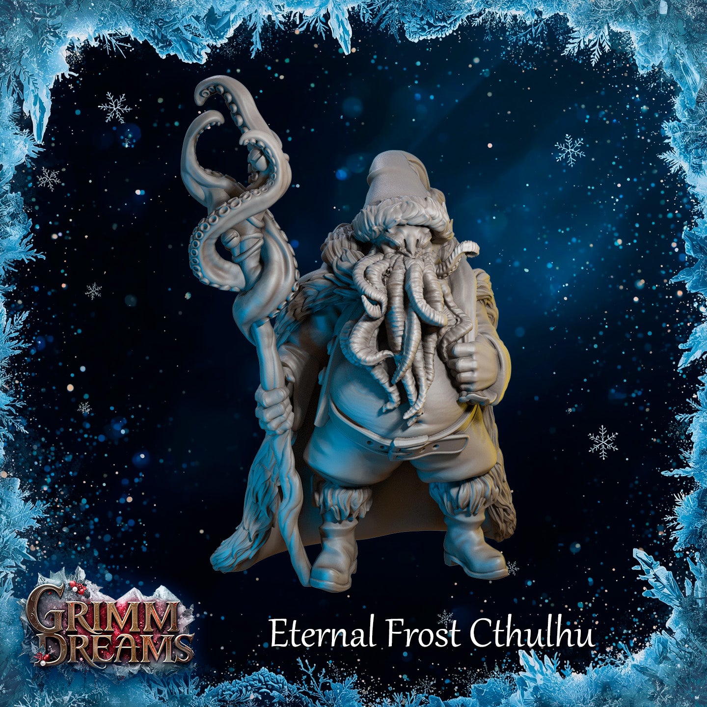 Front view of an unpainted grey resin Eternal Frost Cthulhu miniature — a stocky figure in a Father Christmas coat and drooping hat, with a mass of face tentacles and a writhing tentacle staff, carrying a sack over one shoulder