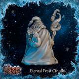 Rear three-quarter view of the unpainted grey resin Eternal Frost Cthulhu miniature, showing the flowing coat, a sack of wrapped gifts clutched under one arm, and the coiling tentacle-topped staff held aloft