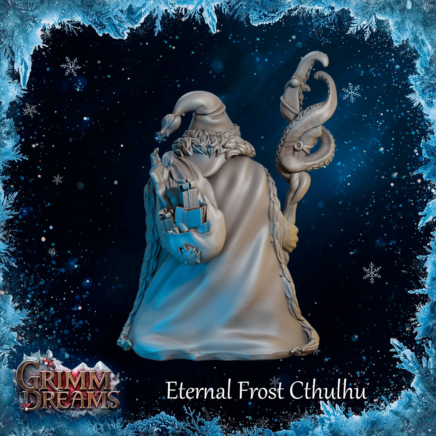Rear three-quarter view of the unpainted grey resin Eternal Frost Cthulhu miniature, showing the flowing coat, a sack of wrapped gifts clutched under one arm, and the coiling tentacle-topped staff held aloft