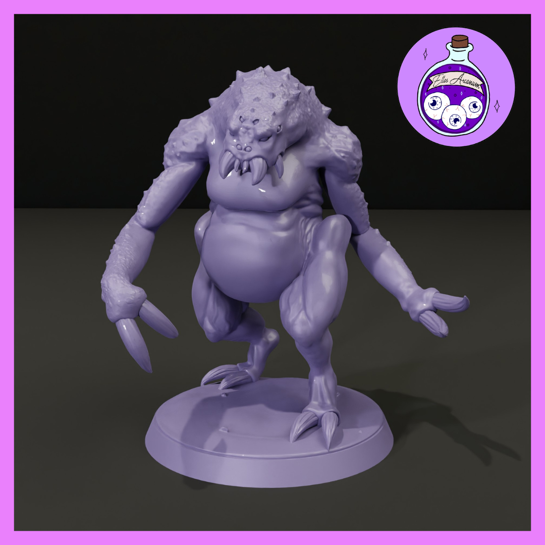 Hunched Ettercap miniature with a spined warty head and open fang-lined maw, bloated torso, one arm ending in large curved claws, the other in splayed fingers, taloned feet, crouching mid-stride. Sculpt by Ella's Arcanum Minis.