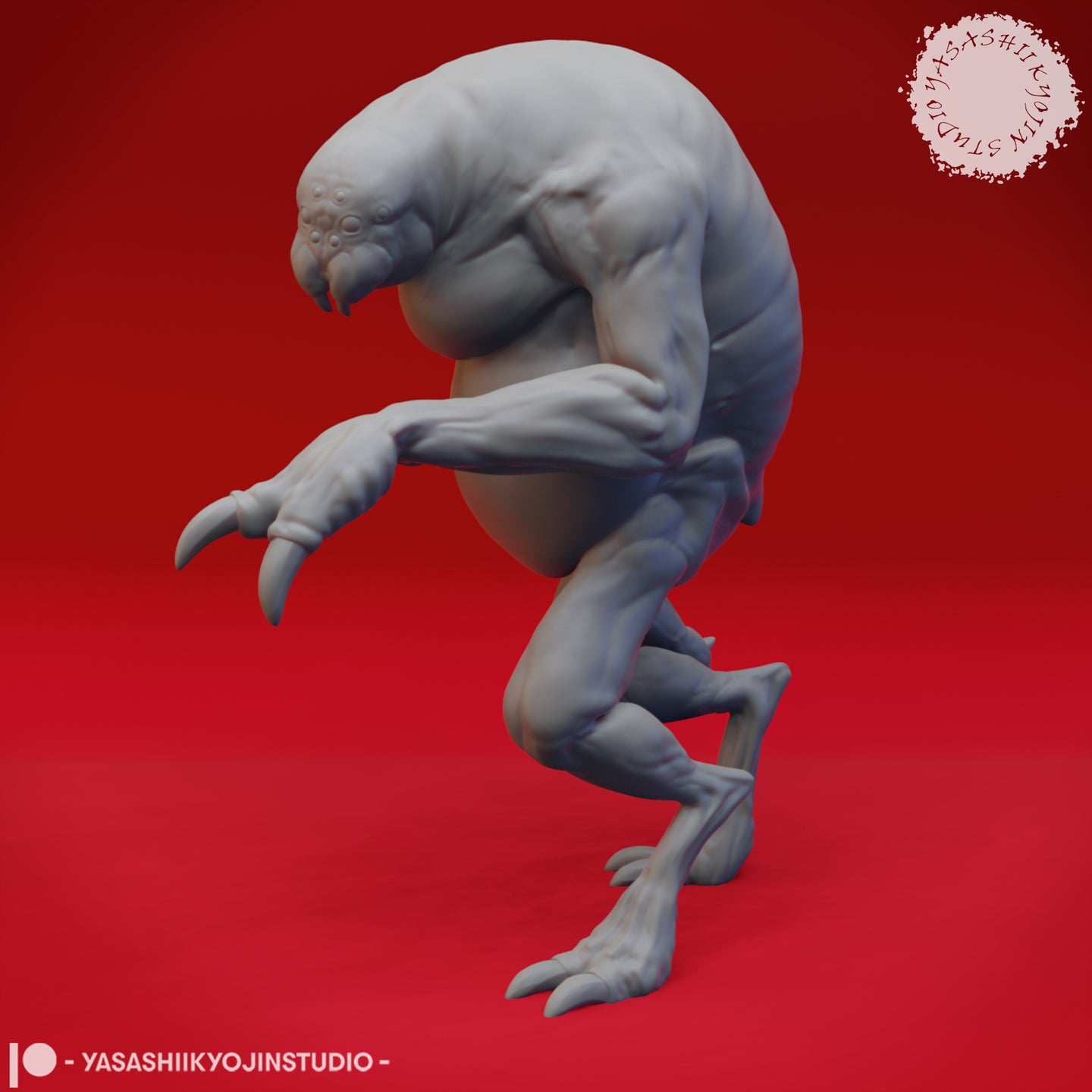 Front-facing digital render of an unpainted grey Ettercap miniature by Yasashii Kyojin Studios, crouching with raised clawed forelimbs, cluster of simple eyes on a rounded head, and powerful digitigrade legs — 32mm scale
