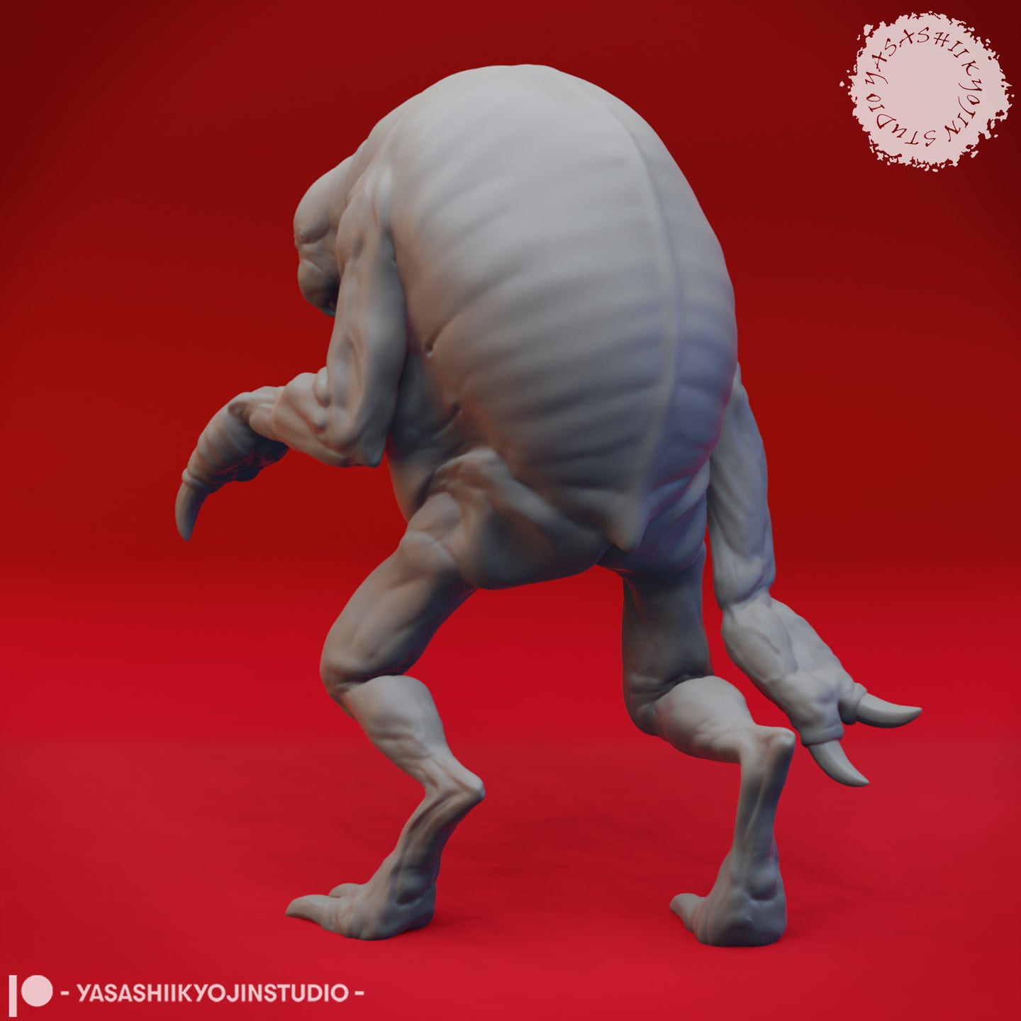 Rear three-quarter digital render of the Ettercap miniature showing the heavily segmented and swollen abdomen, muscular back, and curved rear claws, set against a red background