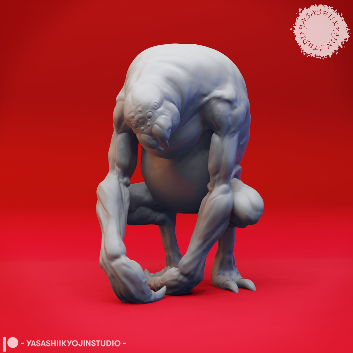 Front view of an unpainted grey resin Ettercap miniature in a deep crouching pose, with elongated arms pressing multi-taloned hands to the ground, a hunched muscular back, and a cluster of smooth bulbous eyes on its lowered featureless face — digital render by Yasashii Kyojin Studio