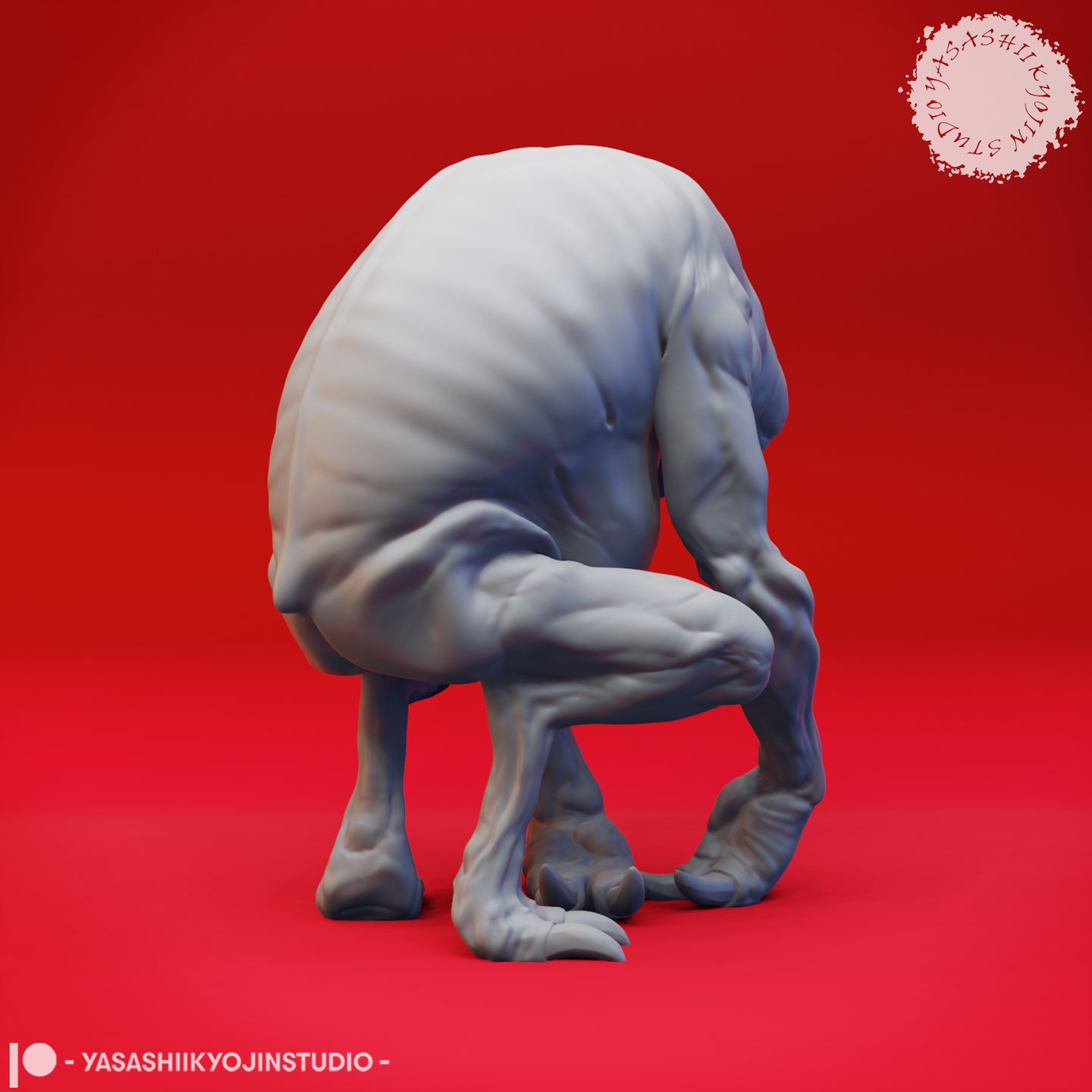 Rear view of the crouching Ettercap miniature showing the broad hunched back, deeply muscled reverse-jointed legs, and splayed clawed feet — unpainted grey resin digital render by Yasashii Kyojin Studio