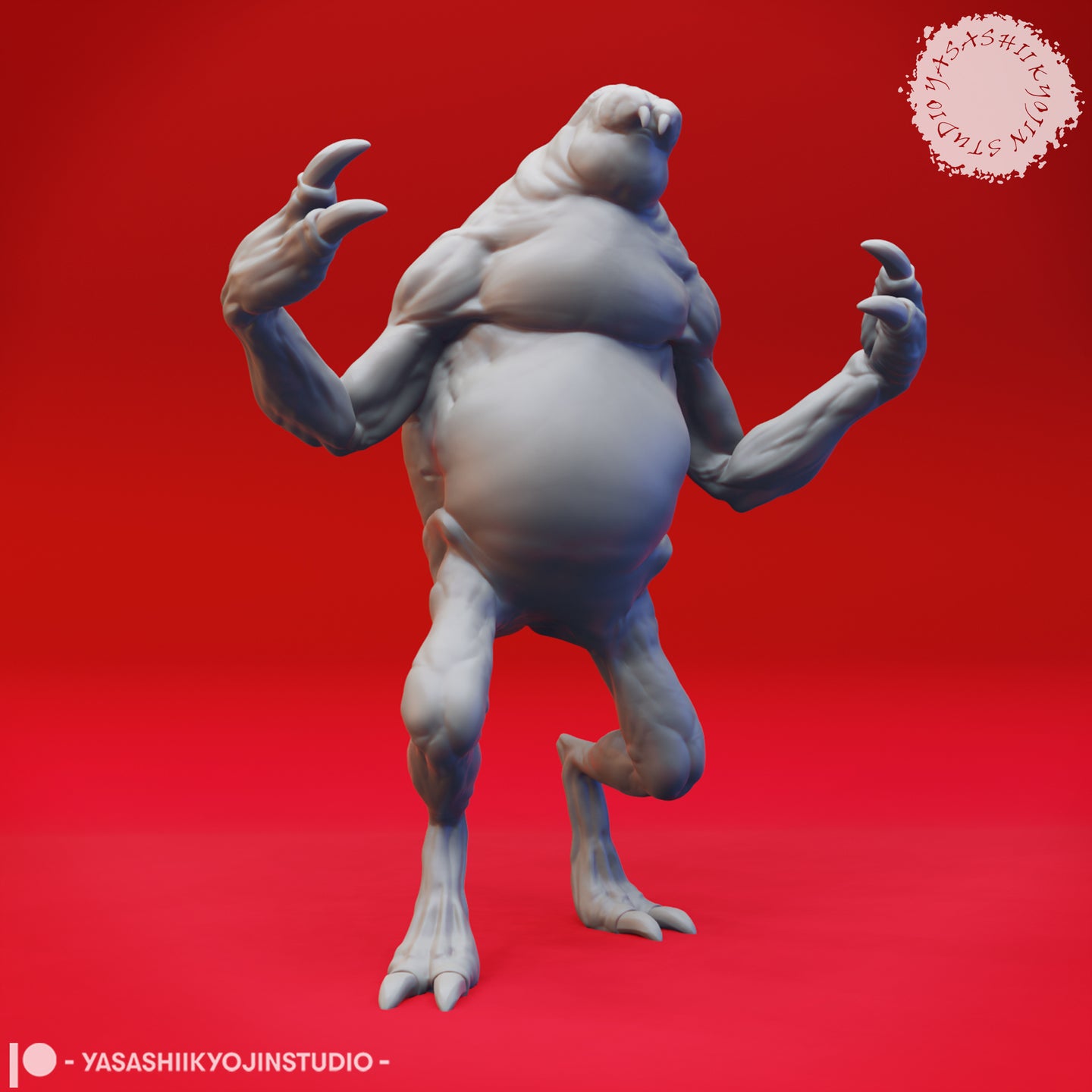 Front view of an unpainted grey resin digital render of the Ettercap 03 miniature by Yasashii Kyojin Studio — a four-armed, headless monster with a fanged chest maw, distended belly, and hooked claws, shown in a mid-lunge pose on a red background