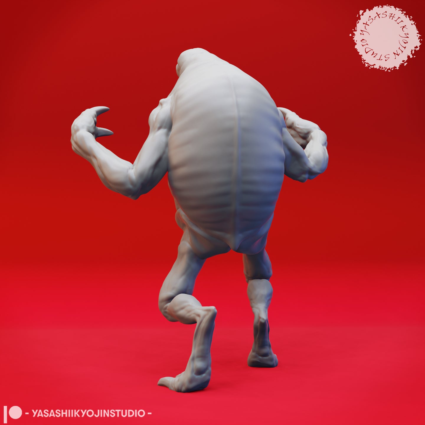 Rear view of the unpainted grey resin digital render of the Ettercap 03 miniature, showing the creature's broad back, wide flat torso, muscular four-armed silhouette, and talon-tipped feet mid-stride on a red background