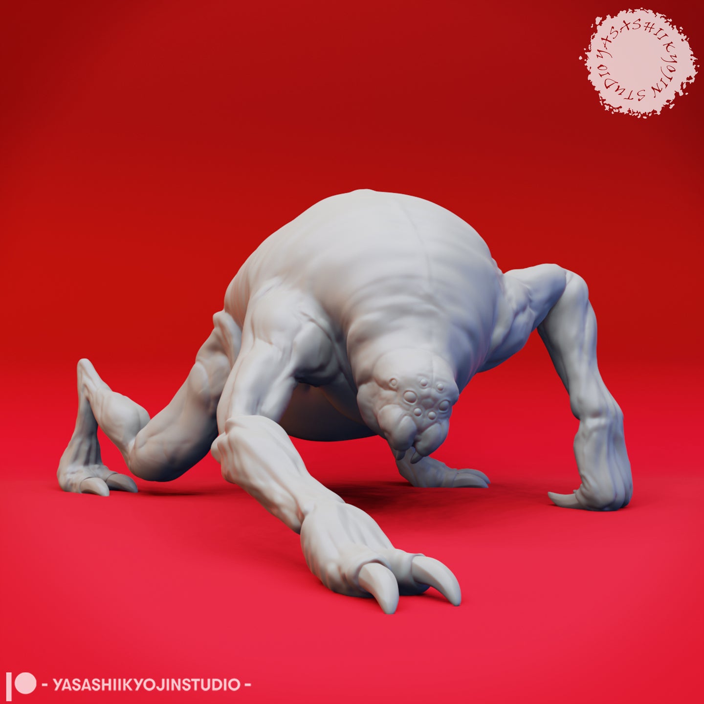 Digital render of Ettercap 04 miniature by Yasashii Kyojin Studio — front-facing view showing the creature low to the ground, four splayed clawed limbs extended, swollen abdomen raised, and a cluster of small eyes above a featureless maw, unpainted grey resin render on red background
