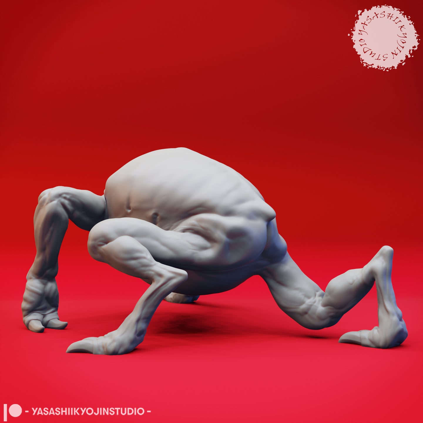 Digital render of Ettercap 04 miniature by Yasashii Kyojin Studio — side profile view showing the creature's hunched silhouette, heavy abdomen, and muscular limbs coiled ready to lunge, unpainted grey resin render on red background