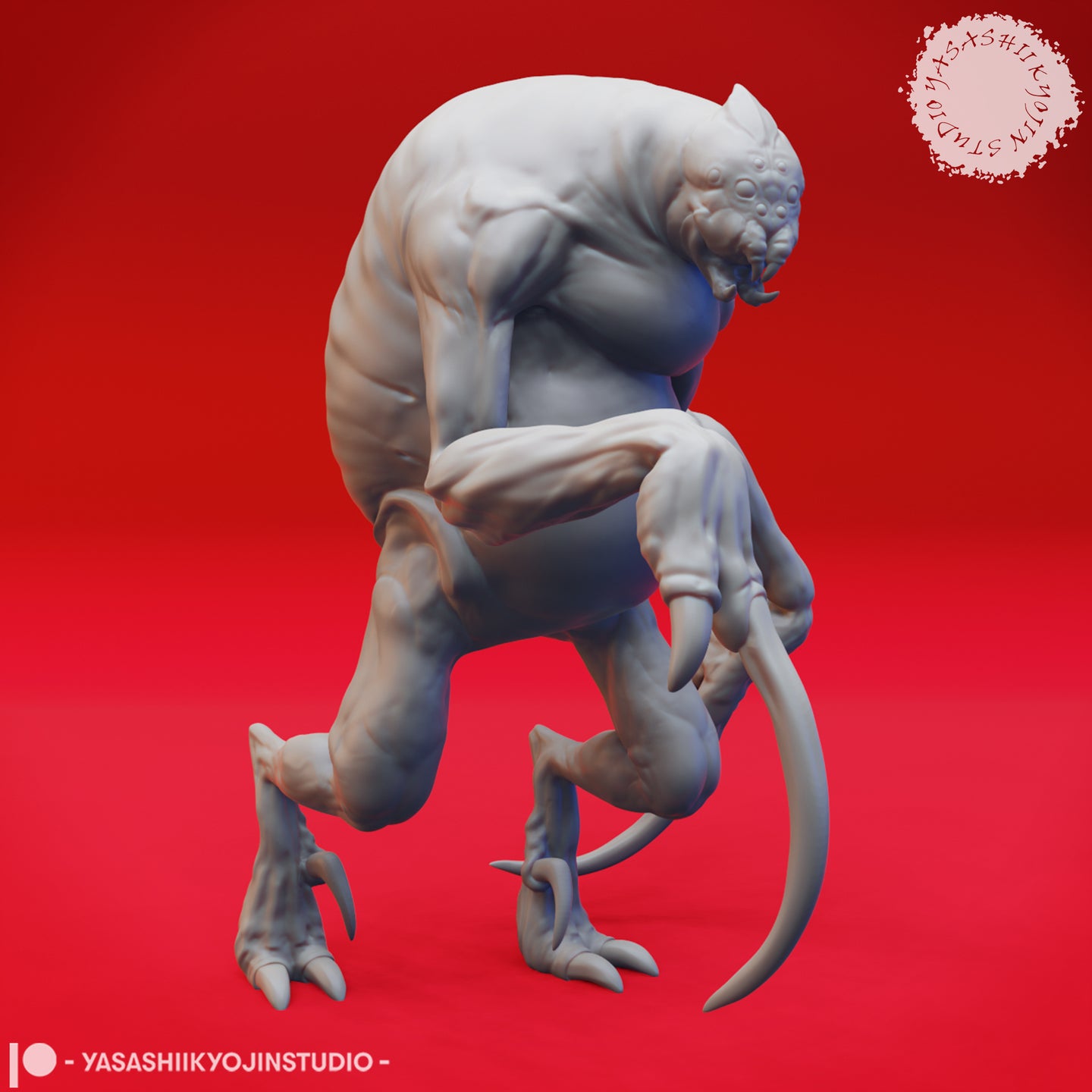 Digital render of Ettercap 05 miniature by Yasashii Kyojin Studio, viewed from the side — an unpainted grey resin-style sculpt of a bloated, hunched creature with long scythe-like forearm claws, digitigrade legs ending in hooked talons, and a multi-eyed insectoid face with mandibles, mid-stalk pose at 32mm scale