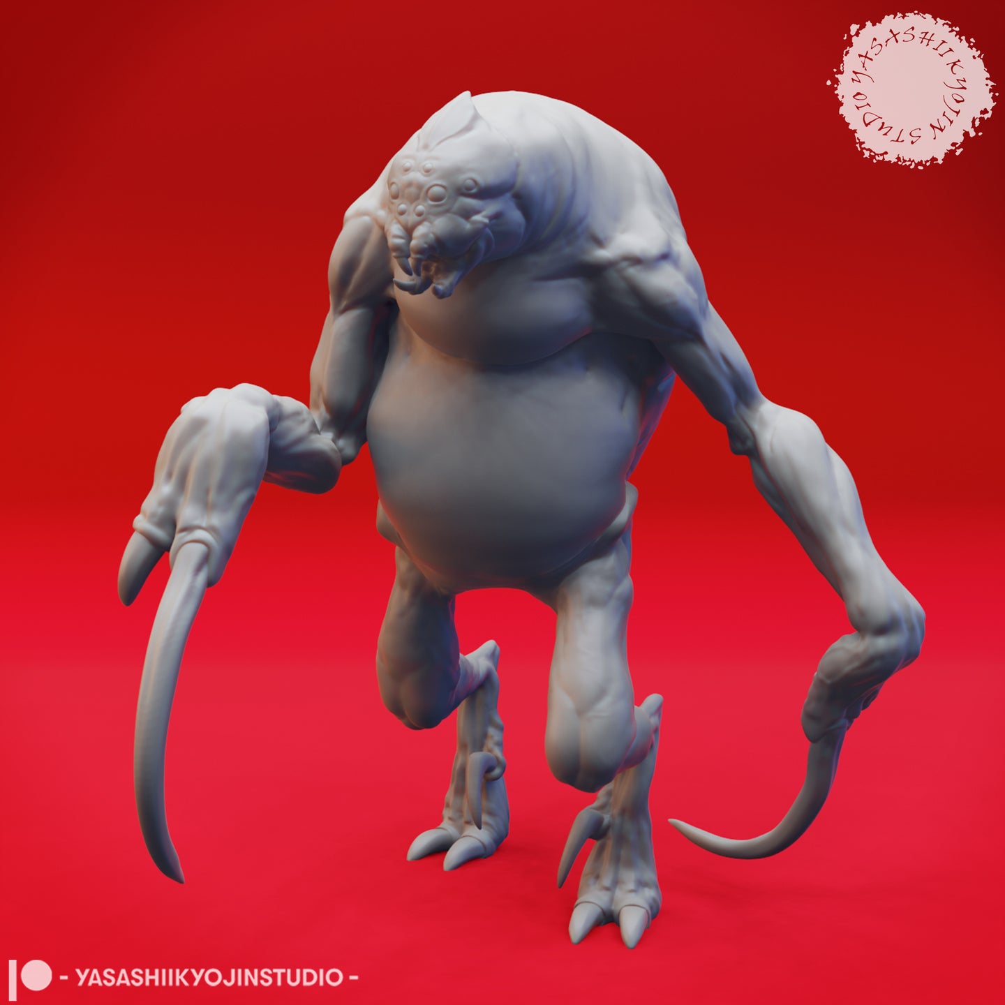 Digital render of Ettercap 05 miniature by Yasashii Kyojin Studio, viewed from the front — grey unpainted sculpt showing the creature's swollen abdomen, powerful bent legs, two pairs of limbs with curved scythe claws raised, and a compound-eyed fanged face directed forward in a predatory stance