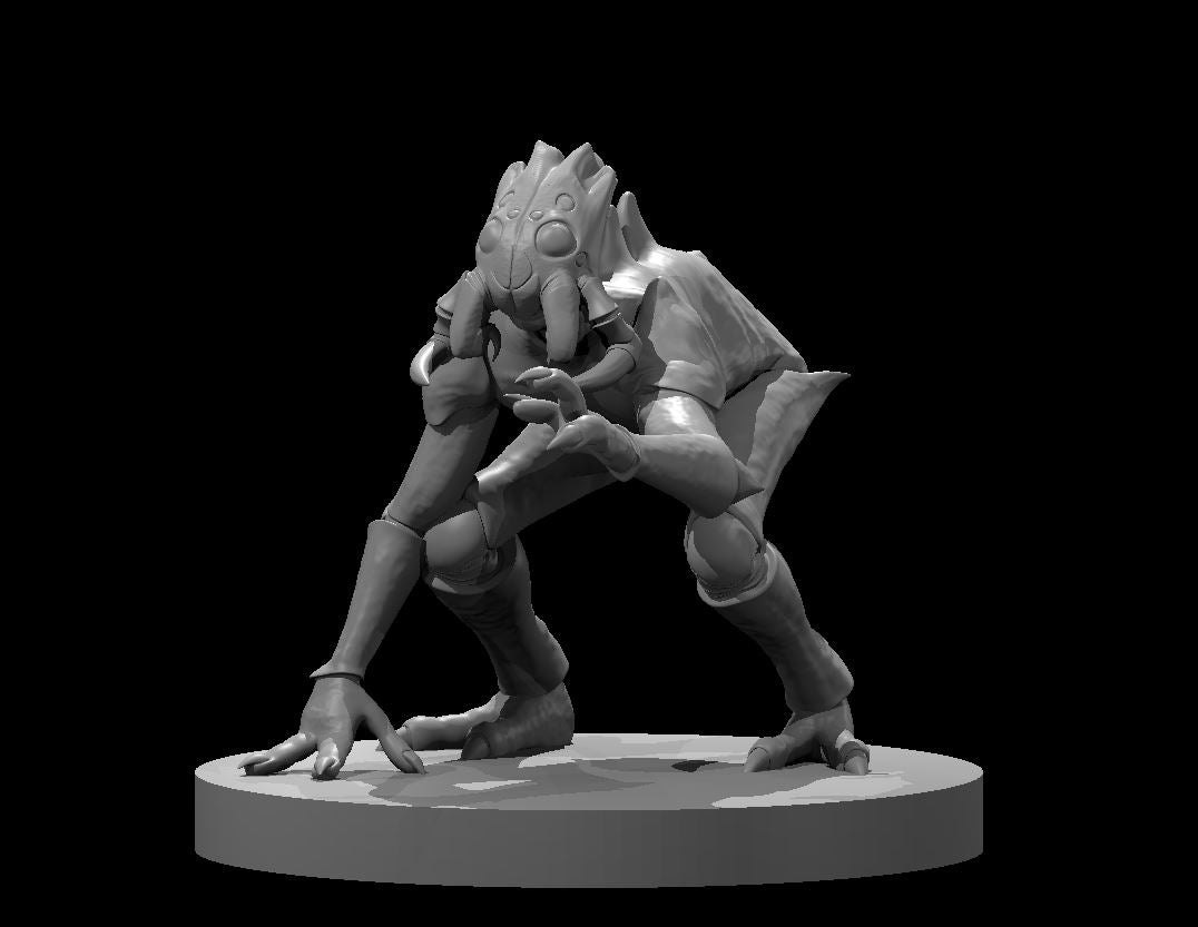 Grey resin digital render of an Ettercap miniature in a low predatory crouch, clawed hands splayed forward and taloned feet gripping the base, featuring a segmented insectoid face with mandibles and a ridged carapace, 32mm scale tabletop miniature by MZ4250
