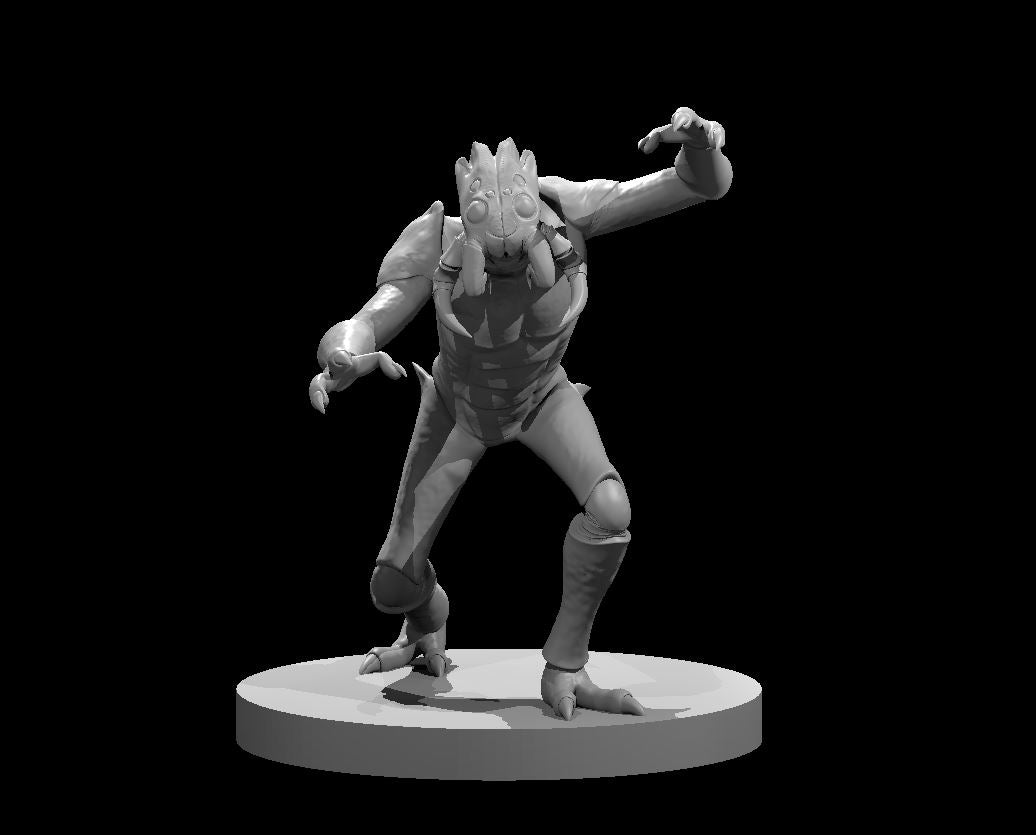 Grey resin digital render of an Ettercap miniature at 32mm scale, shown in an aggressive mid-stalk pose with one clawed foot raised, torso twisted, one arm extended with grasping clawed hand, multi-eyed fang-crested head, and taloned feet on a round base