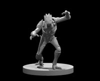 Grey resin digital render of an Ettercap miniature at 32mm scale, shown in an aggressive mid-stalk pose with one clawed foot raised, torso twisted, one arm extended with grasping clawed hand, multi-eyed fang-crested head, and taloned feet on a round base