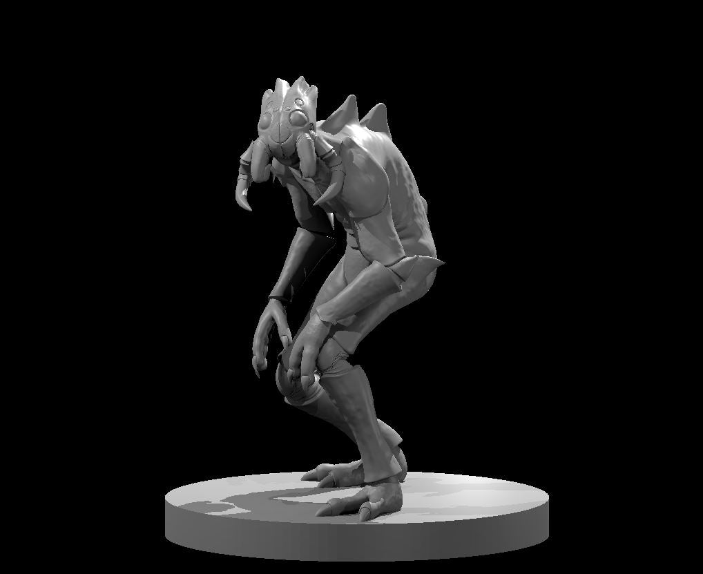 Grey resin digital render of an Ettercap miniature in a crouching, predatory pose — segmented insectoid face, ridged back carapace, clawed feet and one hand raised near the maw, mounted on a round base. 32mm scale, unpainted.