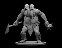 Grey resin digital render of an Ettin miniature by MZ4250 — a large two-headed giant-kin with bald heads and white beards, wielding a broad axe in the left hand and a spiked morning star in the right, wearing stitched hide trousers and a crude belt, posed wide-legged on a round base, 32mm scale