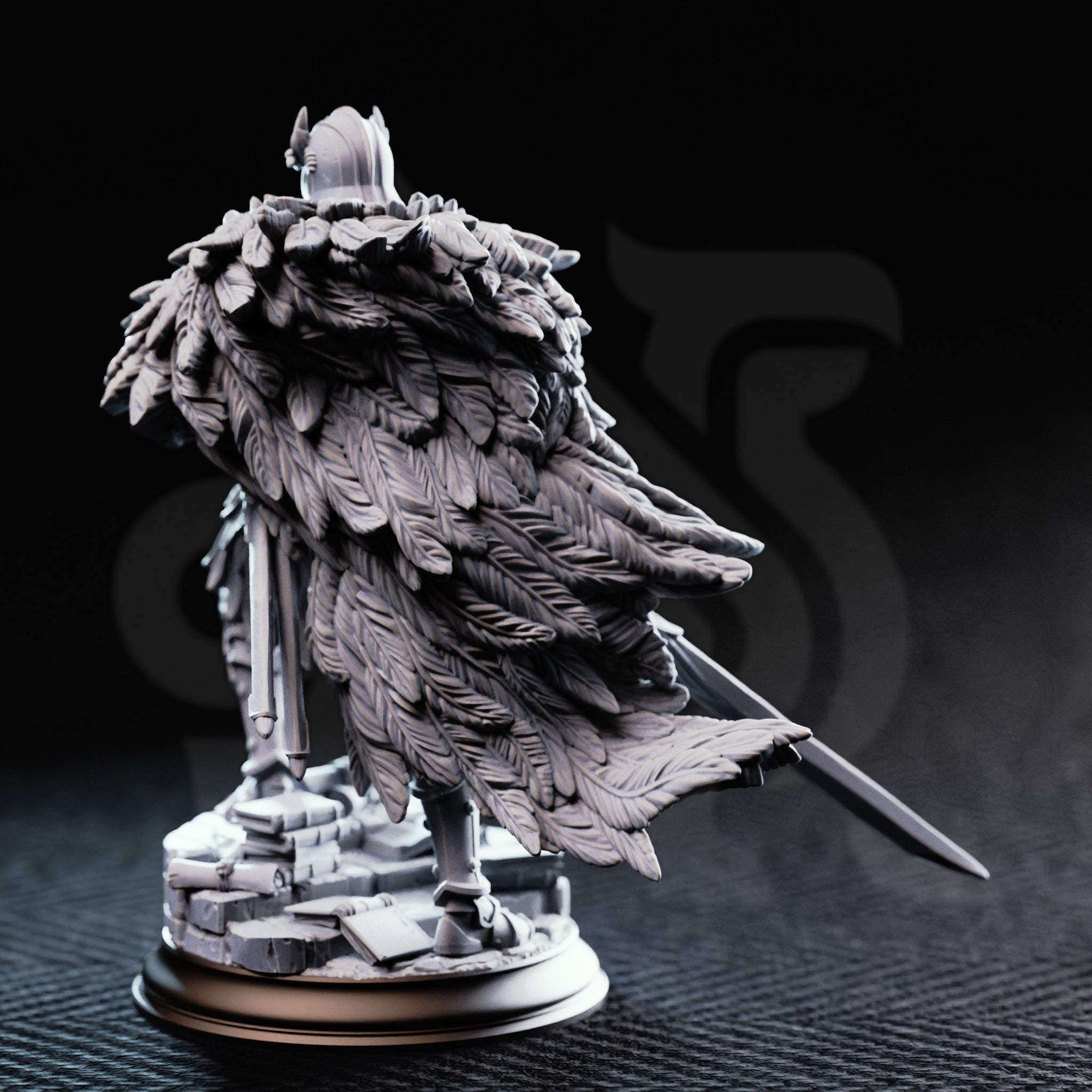 Photograph of unpainted grey resin Eulysses the Eversighted miniature — rear view showcasing the sweeping owl-feather cloak with individually sculpted feather barbs and quills, and the owl-crested helmet silhouette