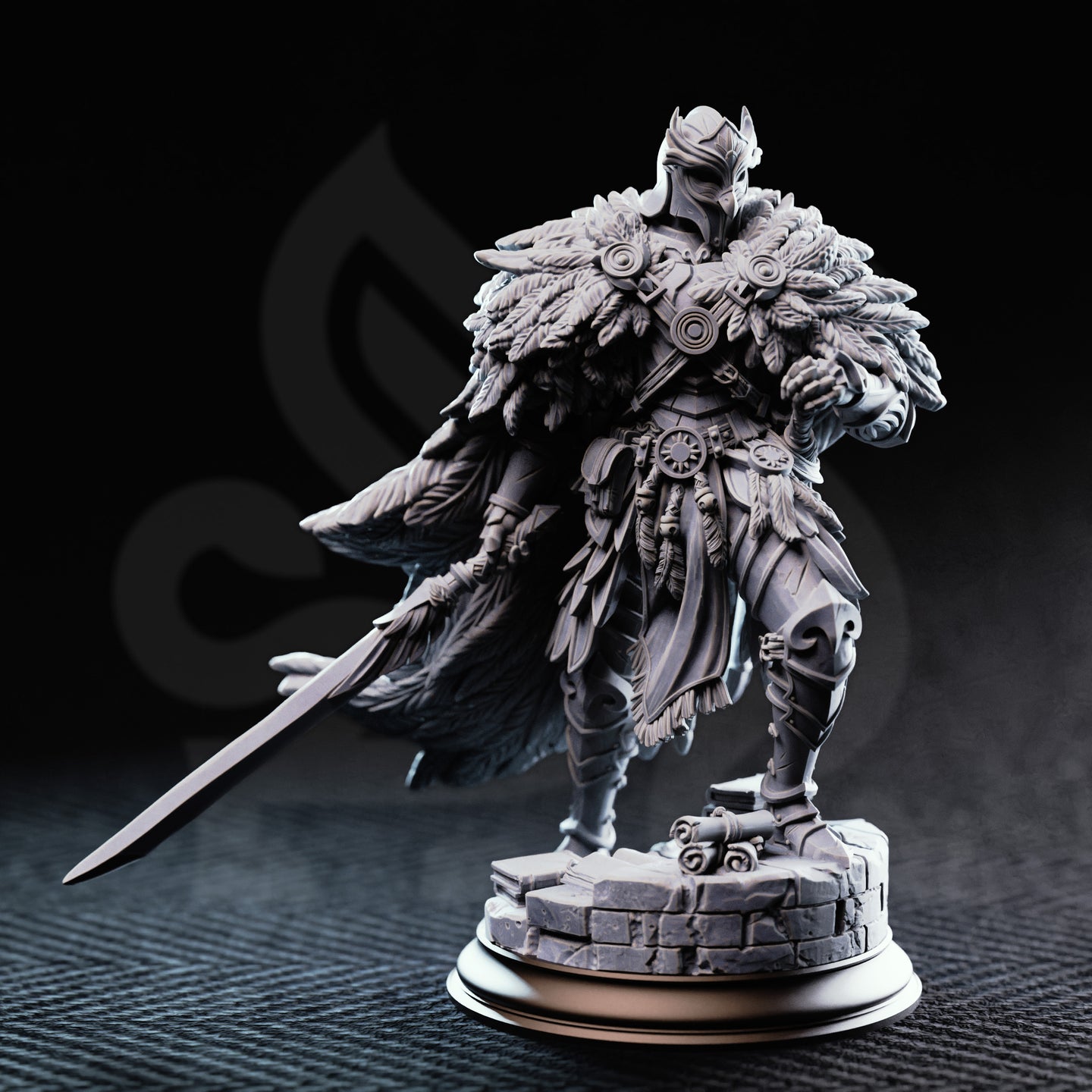 Photograph of unpainted grey resin Eulysses the Eversighted miniature — front-facing view showing layered feather pauldrons, sun-disc chest medallions, feather tassels at the waist, and articulated leg armour on a cobblestone base