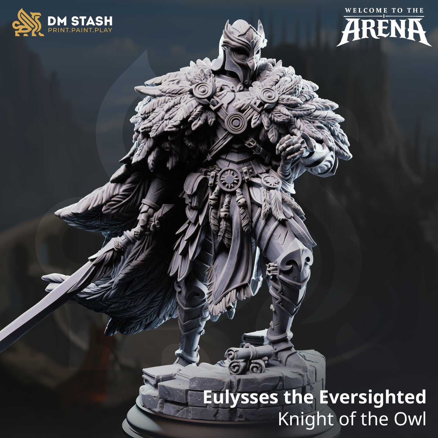 Digital render of Eulysses the Eversighted 32mm miniature by DM Stash — armoured knight in owl-feather cloak and owl-crested helmet, holding a longsword at his side, on a scenic flagstone base with scrolls