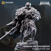 Digital render of Eulysses the Eversighted 32mm miniature by DM Stash — armoured knight in owl-feather cloak and owl-crested helmet, holding a longsword at his side, on a scenic flagstone base with scrolls
