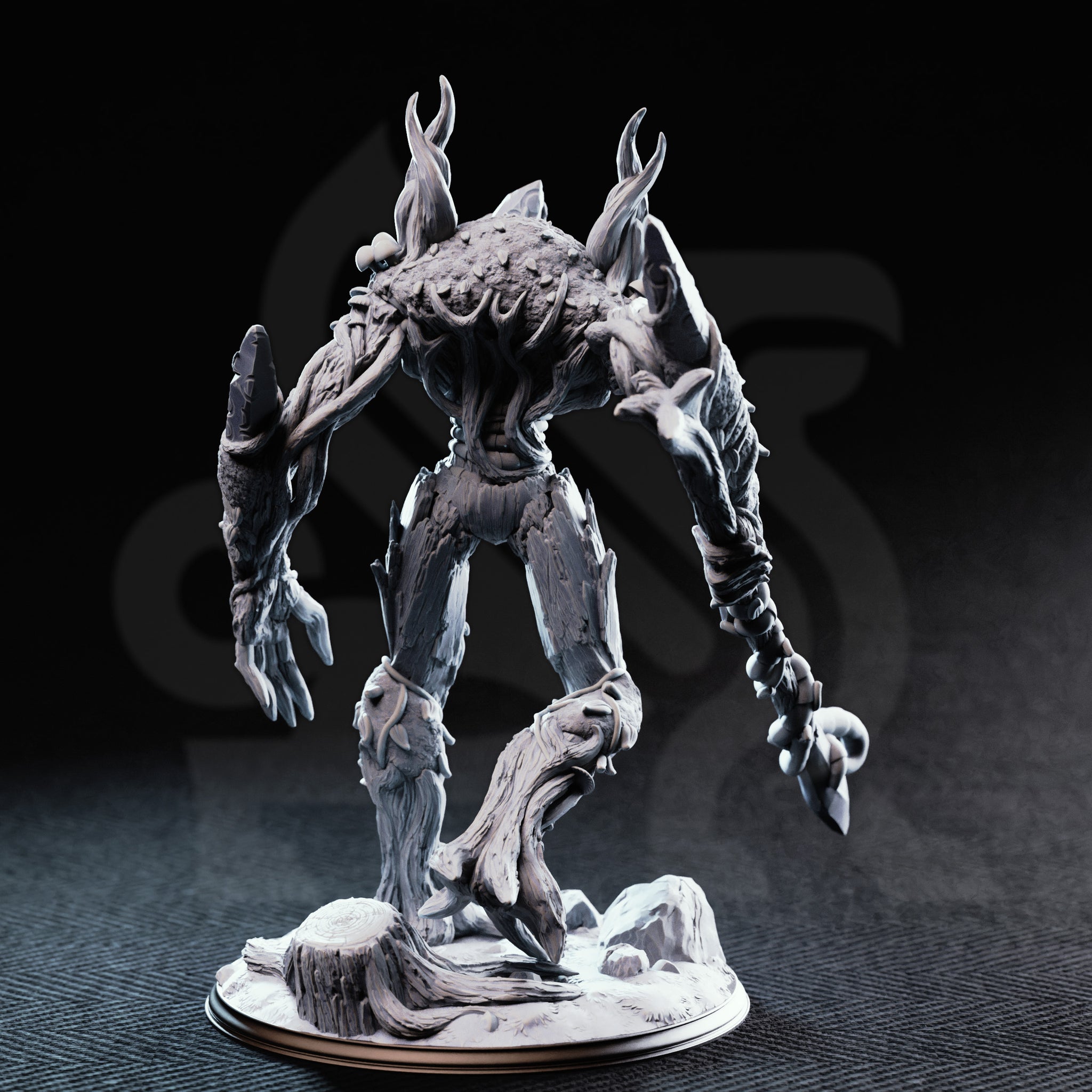Rear three-quarter view photograph of the unpainted grey resin Evarak Treant of Duskweave miniature, highlighting the gnarled root-like legs, vine wrappings, splintered bark detail across the back and arms, and the barbed weapon tip visible swinging at the end of the outstretched arm.