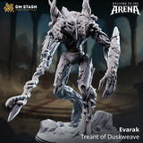 Digital render of Evarak, Treant of Duskweave — an unpainted grey resin 32mm miniature of a corrupted treant with gnarled bark-textured body, antler-like branch protrusions, a barbed vine-wrapped weapon in one hand, and raking claw fingers on the other, posed mid-stride on a rubble and tree-stump base. DM Stash branding visible.