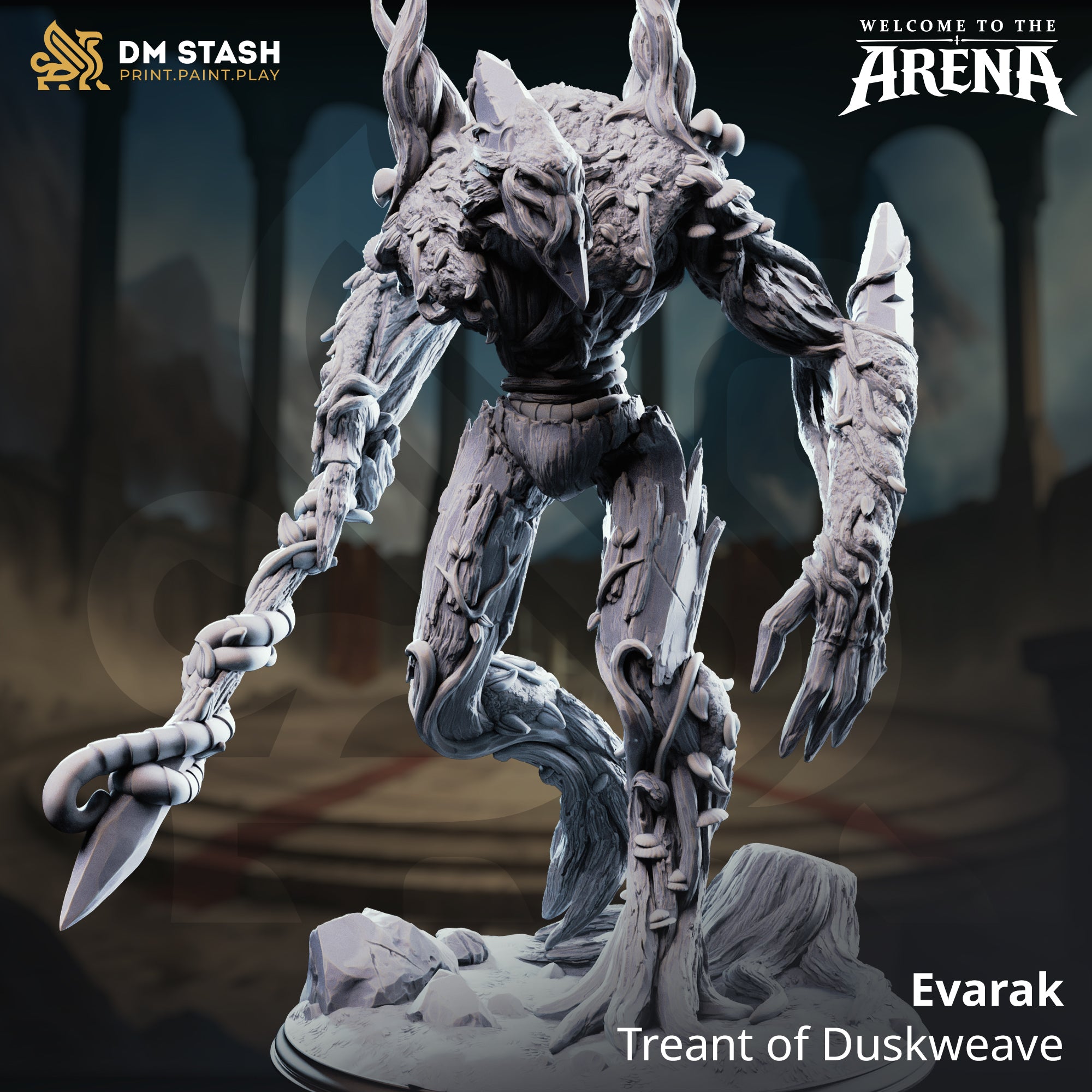 Digital render of Evarak, Treant of Duskweave — an unpainted grey resin 32mm miniature of a corrupted treant with gnarled bark-textured body, antler-like branch protrusions, a barbed vine-wrapped weapon in one hand, and raking claw fingers on the other, posed mid-stride on a rubble and tree-stump base. DM Stash branding visible.