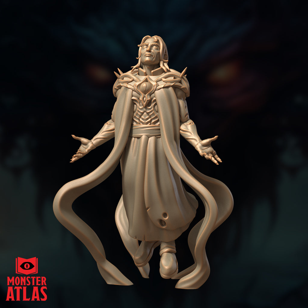 Front-facing digital render of Evard the Black archmage miniature at 32mm scale, unpainted, showing spiked pauldrons, flowing robes with trailing cloak edges, scaled chest armour, and arms spread wide in a spellcasting pose, face tilted upward with a serene expression