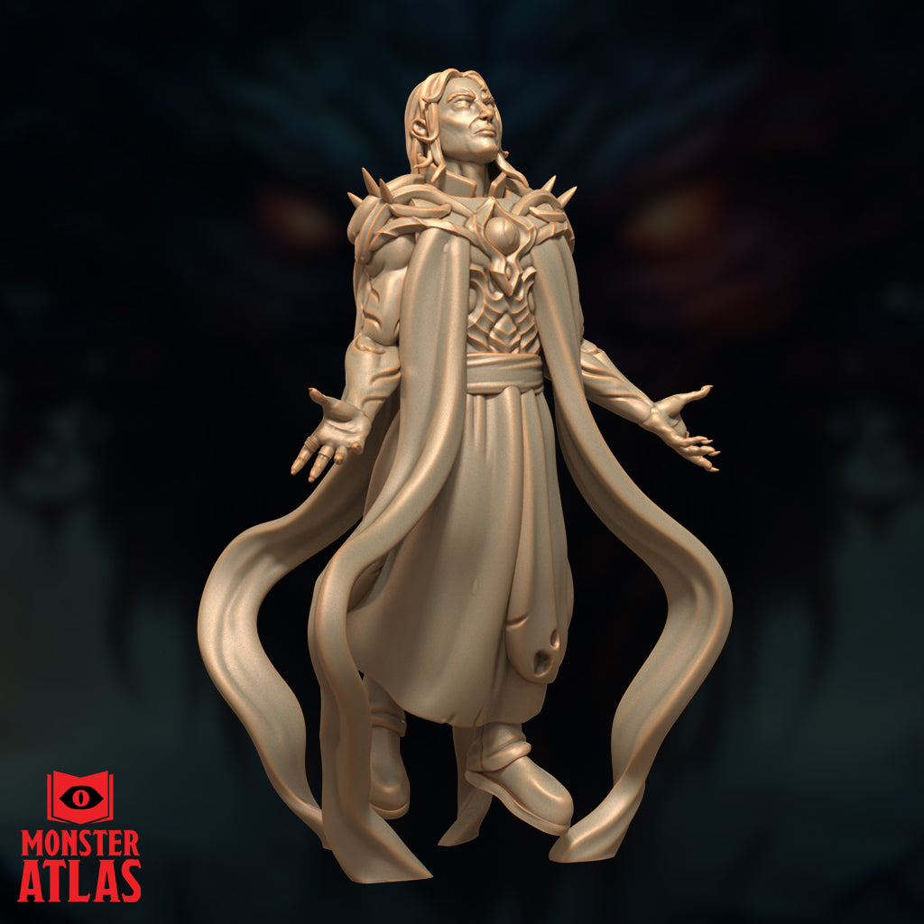 Three-quarter view digital render of Evard the Black miniature, unpainted, showing long wavy hair, detailed spiked shoulder armour, layered robe and cloak billowing outward, with slightly raised hands bearing claw-like fingers