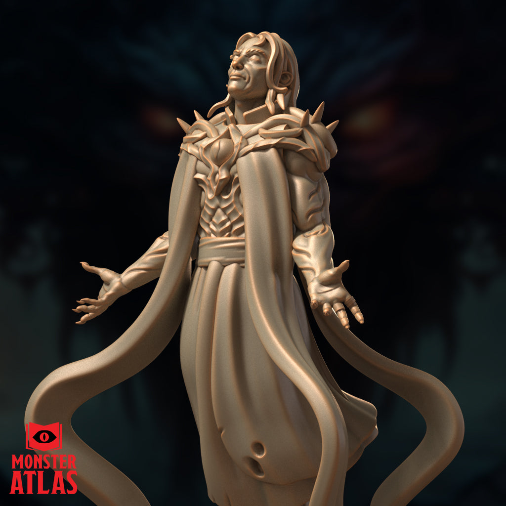 Close-up digital render of Evard the Black miniature torso and face, unpainted, highlighting the intricate scaled breastplate, spiked collar pauldrons, entwined vine-like shoulder detail, and the archmage's half-lidded expression of composed authority